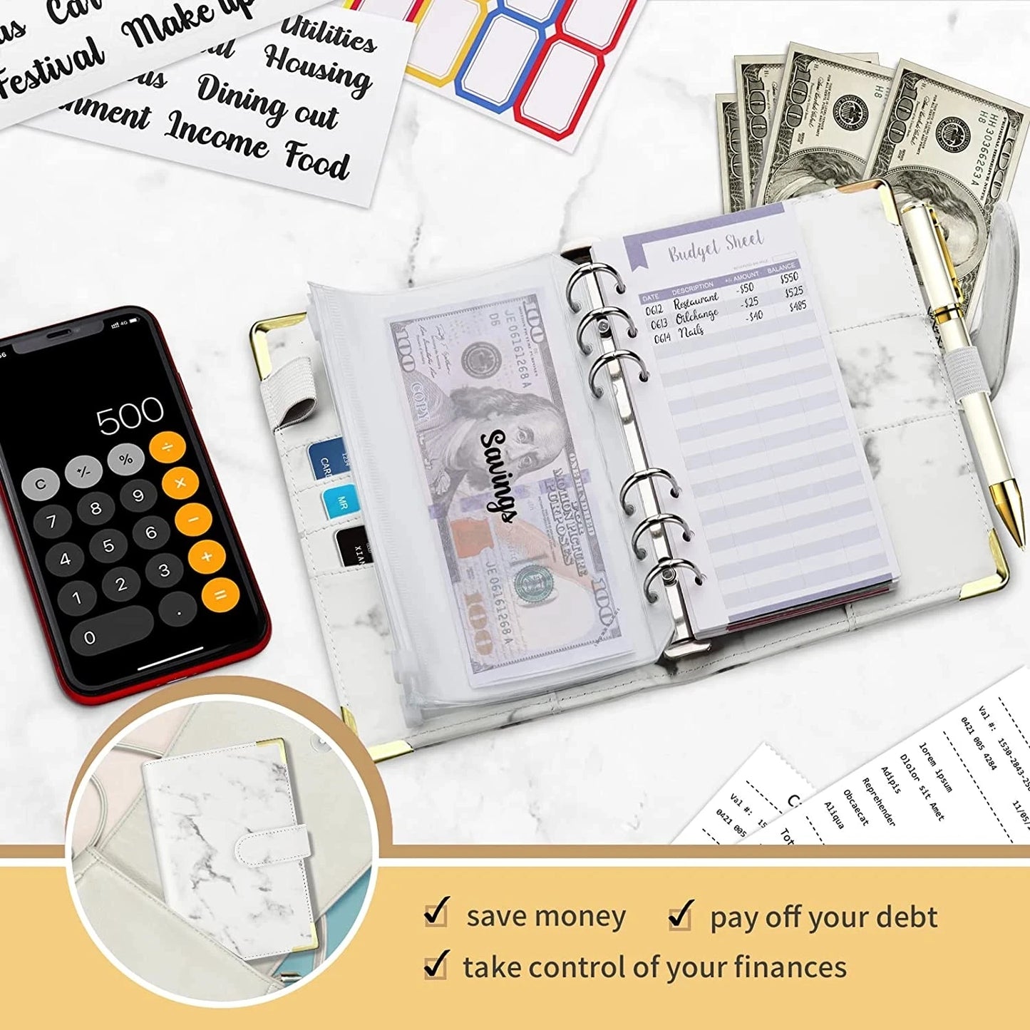 A6 PU Leather Budget Planner – Marble Notebook & Money Saving Organizer for Office, School & Personal Finance