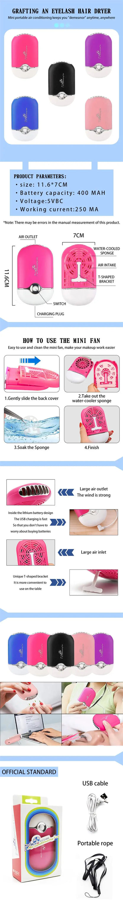 MASSA USB Mini Eyelashes Fan – Quick-Drying Lash Glue Dryer, Eyelash Extension Tool for Professional Makeup